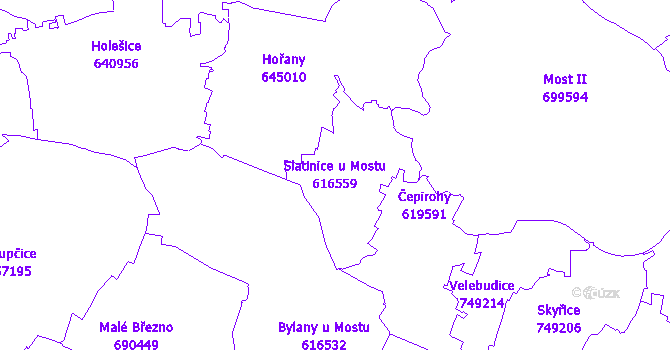 Katastrální mapa Slatinice u Mostu - přehledová mapa katastrálního území