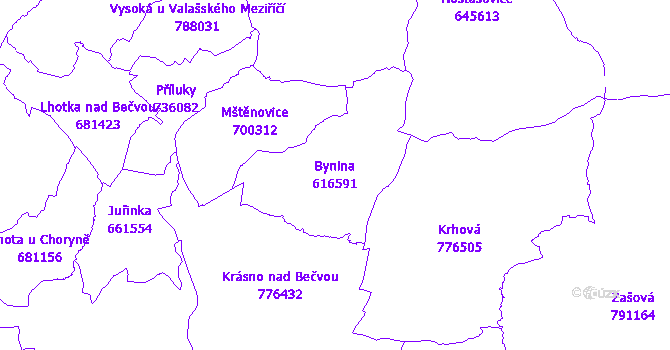 Katastrální mapa Bynina - přehledová mapa katastrálního území