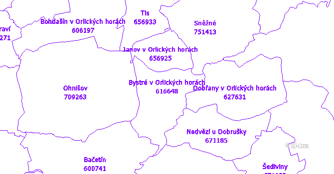 Katastrální mapa Bystré v Orlických horách - přehledová mapa katastrálního území