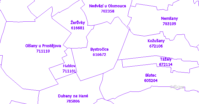 Katastrální mapa Bystročice - přehledová mapa katastrálního území