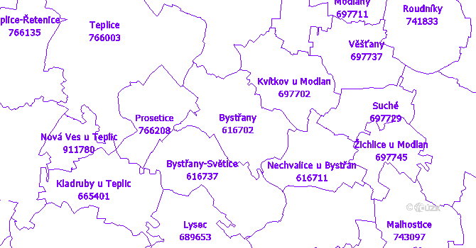 Katastrální mapa Bystřany - přehledová mapa katastrálního území