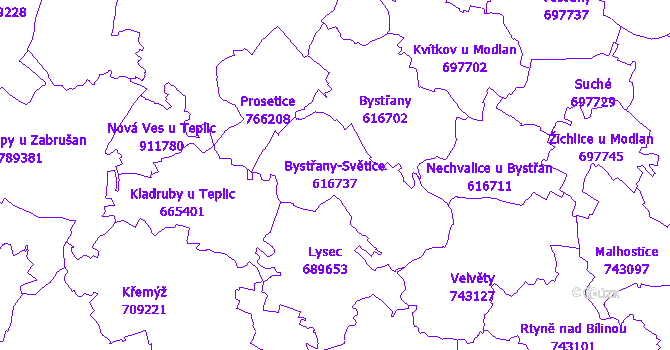 Katastrální mapa Bystřany-Světice - přehledová mapa katastrálního území