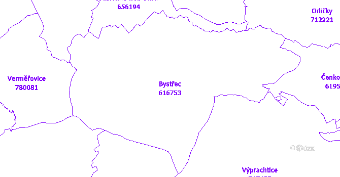 Katastrální mapa Bystřec - přehledová mapa katastrálního území