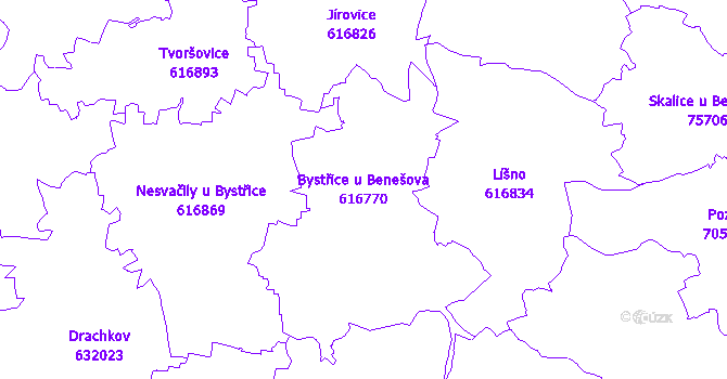 Katastrální mapa Bystřice u Benešova - přehledová mapa katastrálního území