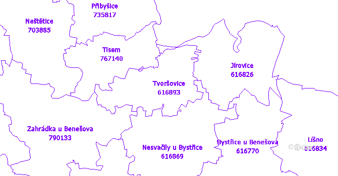 Katastrální mapa Tvoršovice - přehledová mapa katastrálního území