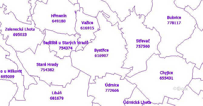 Katastrální mapa Bystřice - přehledová mapa katastrálního území
