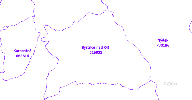 Katastrální mapa Bystřice nad Olší - přehledová mapa katastrálního území