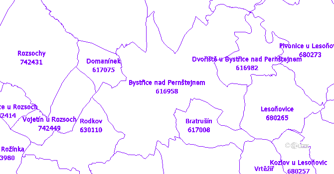 Katastrální mapa Bystřice nad Pernštejnem - přehledová mapa katastrálního území
