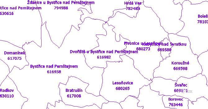 Katastrální mapa Dvořiště u Bystřice nad Pernštejnem - přehledová mapa katastrálního území