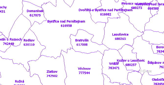Katastrální mapa Bratrušín - přehledová mapa katastrálního území