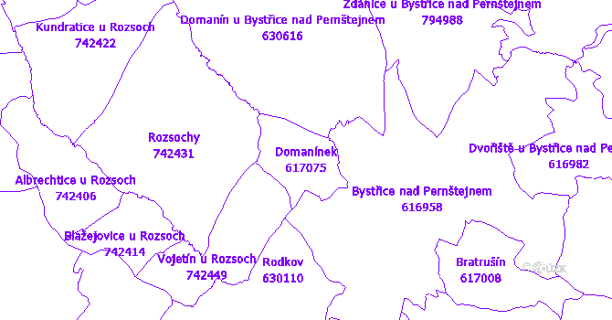 Katastrální mapa Domanínek - přehledová mapa katastrálního území