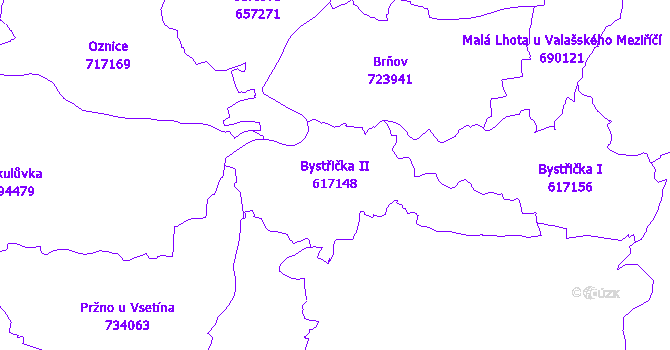 Katastrální mapa Bystřička II - přehledová mapa katastrálního území