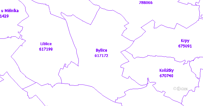 Katastrální mapa Byšice - přehledová mapa katastrálního území