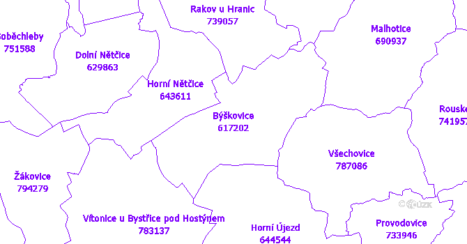 Katastrální mapa Býškovice - přehledová mapa katastrálního území