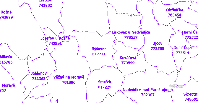 Katastrální mapa Býšovec - přehledová mapa katastrálního území