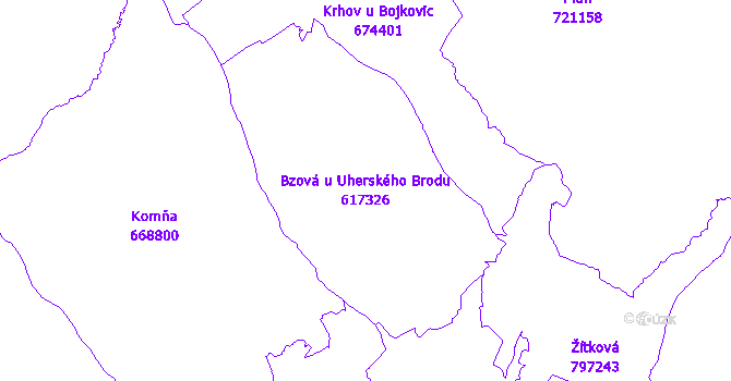 Katastrální mapa Bzová u Uherského Brodu - přehledová mapa katastrálního území