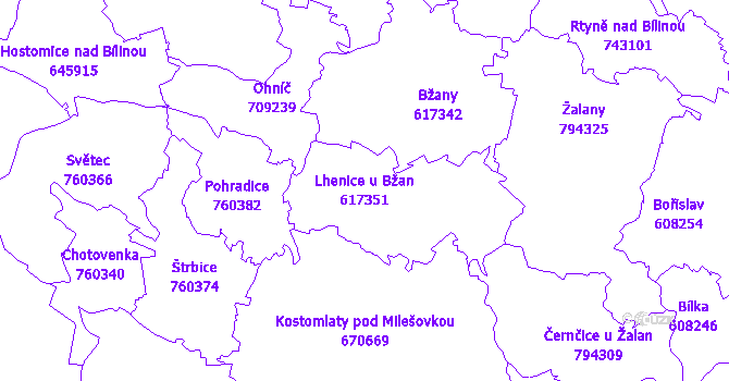 Katastrální mapa Lhenice u Bžan - přehledová mapa katastrálního území