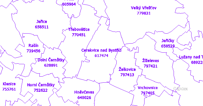 Katastrální mapa Cerekvice nad Bystřicí - přehledová mapa katastrálního území