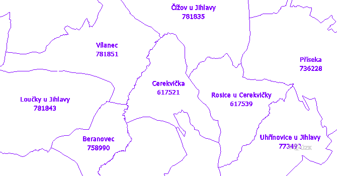 Katastrální mapa Cerekvička - přehledová mapa katastrálního území