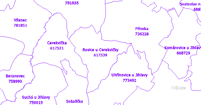 Katastrální mapa Rosice u Cerekvičky - přehledová mapa katastrálního území