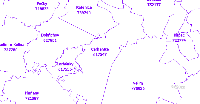 Katastrální mapa Cerhenice - přehledová mapa katastrálního území