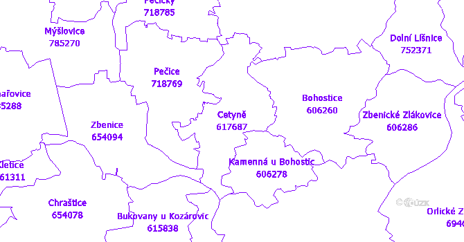 Katastrální mapa Cetyně - přehledová mapa katastrálního území