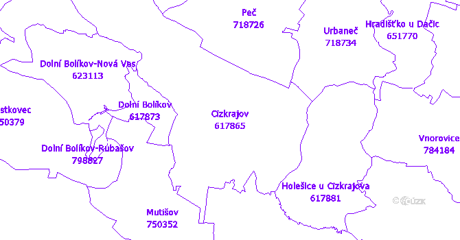 Katastrální mapa Cizkrajov - přehledová mapa katastrálního území