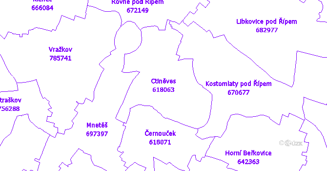 Katastrální mapa Ctiněves - přehledová mapa katastrálního území