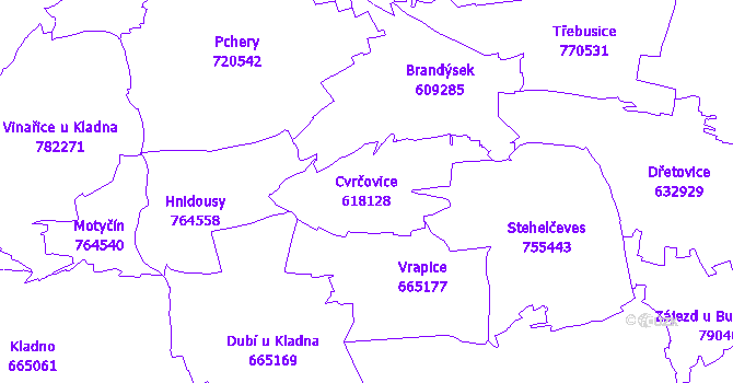Katastrální mapa Cvrčovice - přehledová mapa katastrálního území