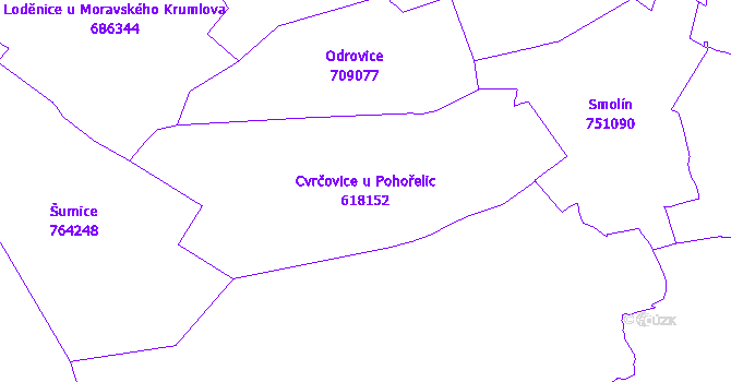 Katastrální mapa Cvrčovice u Pohořelic - přehledová mapa katastrálního území