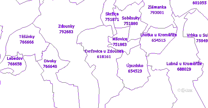 Katastrální mapa Cvrčovice u Zdounek - přehledová mapa katastrálního území