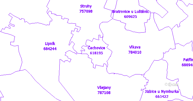 Katastrální mapa Čachovice - přehledová mapa katastrálního území