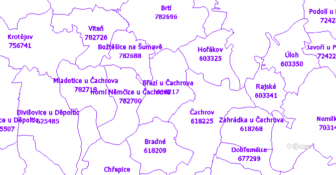 Katastrální mapa Březí u Čachrova - přehledová mapa katastrálního území