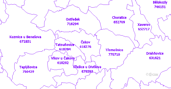 Katastrální mapa Čakov - přehledová mapa katastrálního území