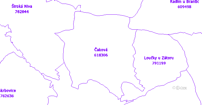 Katastrální mapa Čaková - přehledová mapa katastrálního území