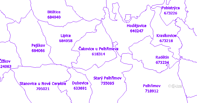 Katastrální mapa Čakovice u Pelhřimova - přehledová mapa katastrálního území