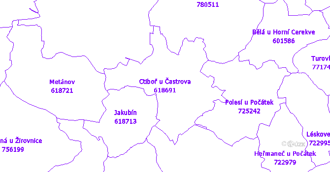 Katastrální mapa Ctiboř u Častrova - přehledová mapa katastrálního území