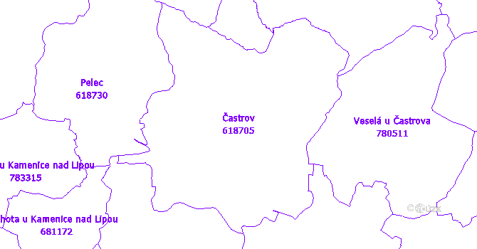Katastrální mapa Častrov - přehledová mapa katastrálního území