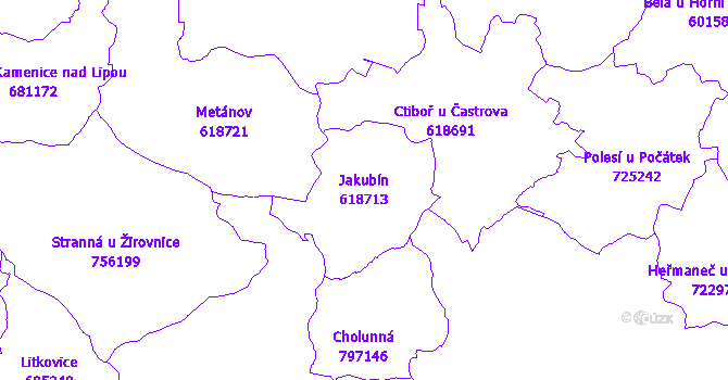Katastrální mapa Jakubín - přehledová mapa katastrálního území