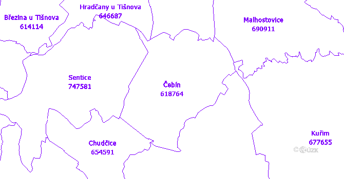 Katastrální mapa Čebín - přehledová mapa katastrálního území