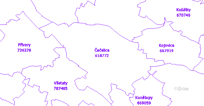 Katastrální mapa Čečelice - přehledová mapa katastrálního území