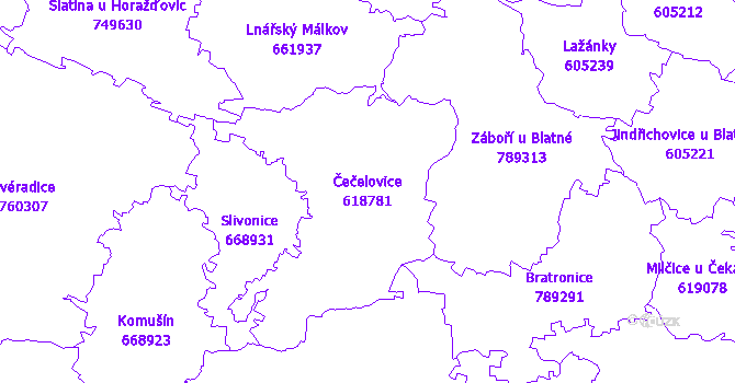 Katastrální mapa Čečelovice - přehledová mapa katastrálního území