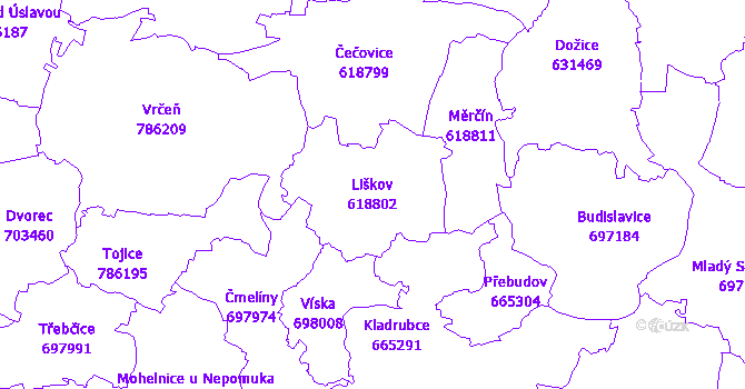 Katastrální mapa Liškov - přehledová mapa katastrálního území
