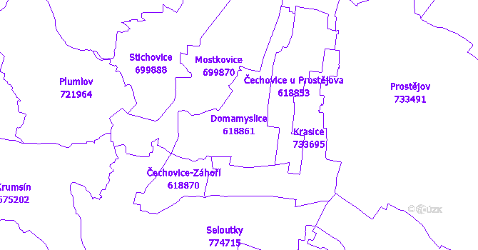 Katastrální mapa Domamyslice - přehledová mapa katastrálního území
