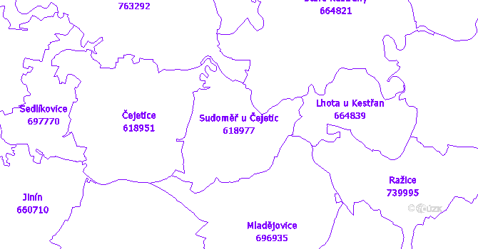 Katastrální mapa Sudoměř u Čejetic - přehledová mapa katastrálního území
