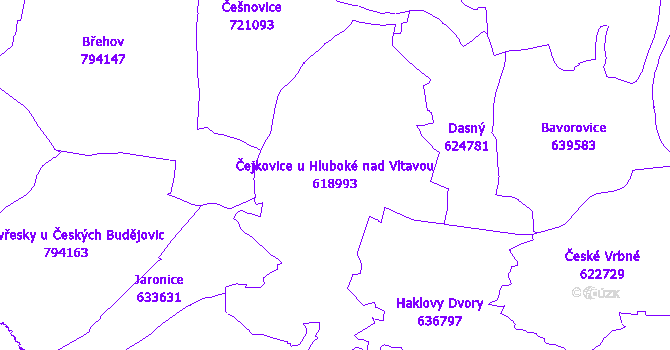 Katastrální mapa Čejkovice u Hluboké nad Vltavou - přehledová mapa katastrálního území