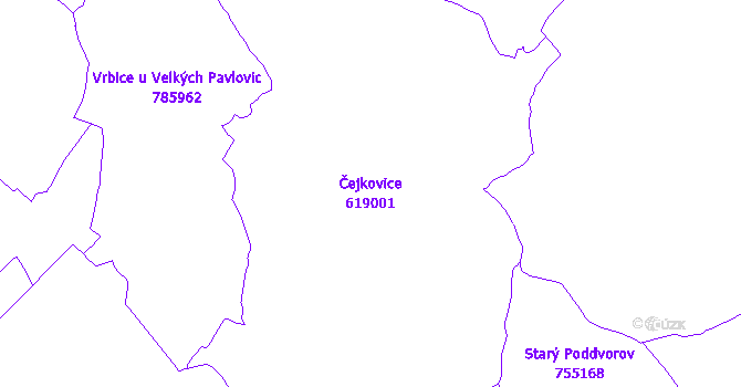 Katastrální mapa Čejkovice - přehledová mapa katastrálního území