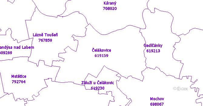 Katastrální mapa Čelákovice - přehledová mapa katastrálního území