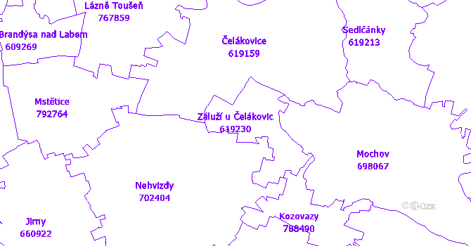Katastrální mapa Záluží u Čelákovic - přehledová mapa katastrálního území