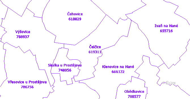 Katastrální mapa Čelčice - přehledová mapa katastrálního území